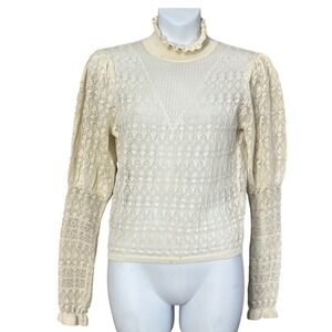 Zara Lace Knit Cream Mock Neck Puff Sleeve Blouse Size Medium
